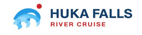 Logo for Huka Falls River Cruise featuring a blue wave icon with a red dot, and the text 'Huka Falls River Cruise'.