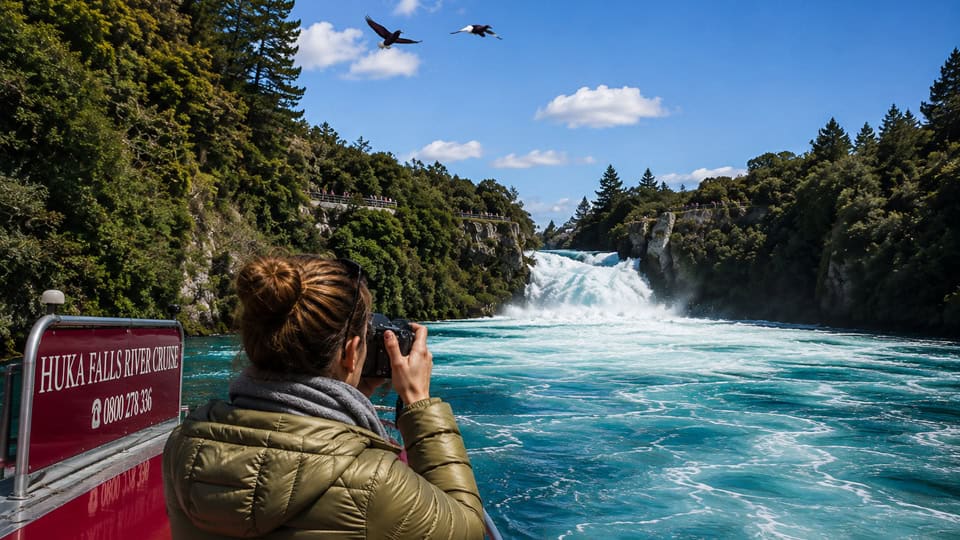 Tourist on the Waikato river cruise boat photographs the Huka Falls waterfall surrounded by forest and blue sky (Huka Falls) at Lake Taupo