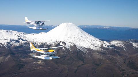 Taupo floatplane flying over Rongariro and mount Ruapehu