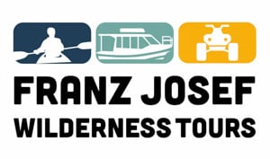 Franz Josef Wilderness Tours logo: three icons (kayak, boat, off-road vehicle) above bold company name.