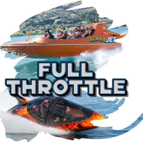 Promotional collage for Full Throttle water jets: orange speedboat with riders and a fiery jet boat beneath the bold 'FULL THROTTLE' text.