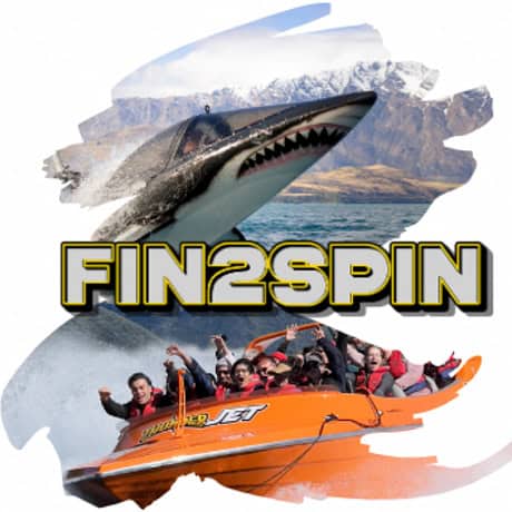 Collage logo for FIN2SPIN with a leaping shark, an orange speedboat full of people, and rugged mountains in the background.
