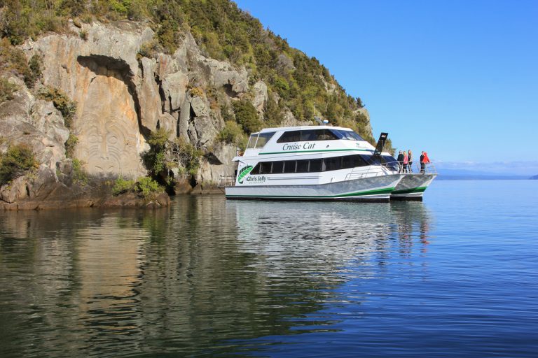 Maori Rock Carvings at Mine Bay on Lake Taupo scenic cruise