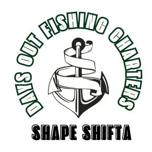 Logo for Shape Shifta Diving Out Fishing Charters, featuring an anchor wrapped with a white ribbon and circular green text reading 'Diving Out Fishing Charters' with 'Shape Shifta' in bold black lettering beneath.