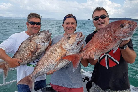 Three men on a boat posing with three large red snapper fish, smiling at the camera with the sea in the background.”,