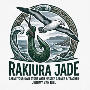 Rakiura Jade logo featuring a circular carved anchor with a seagull, waves, and the text 'RAKIURA JADE' plus the slogan about carving with master carver Jeromy van Riel.