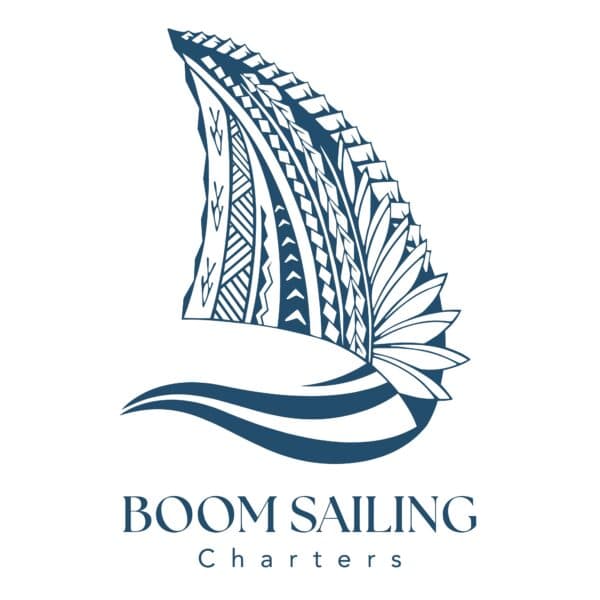 Boom Sailing Charters logo: navy sail motif with the company name beneath it.