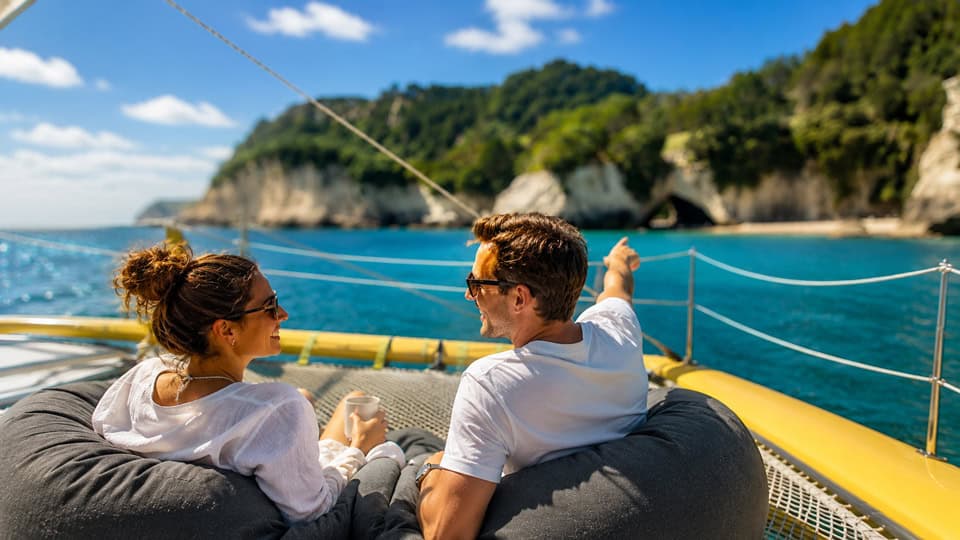 Two people sit on beanbags on a boat deck, smiling at each other with a blue sea and rocky coastline behind them.