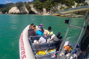 Looking forward from stern as Sea Cave Adventures approaches a coastal cave near Cathedral Cove, Whitianga
