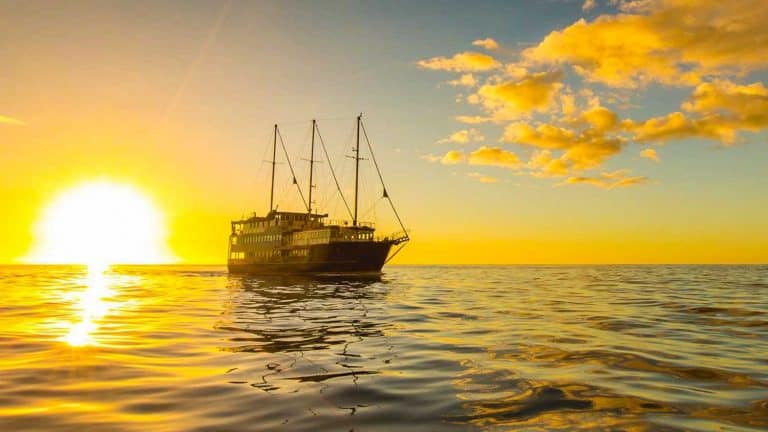 The milford Mariner cruising at sunset on milford sound