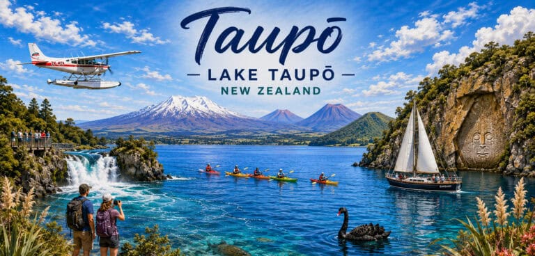 Promotional image of Lake Taup?, New Zealand, with a seaplane, kayakers, sailboat, waterfall, and snow-capped mountains in the distance.
