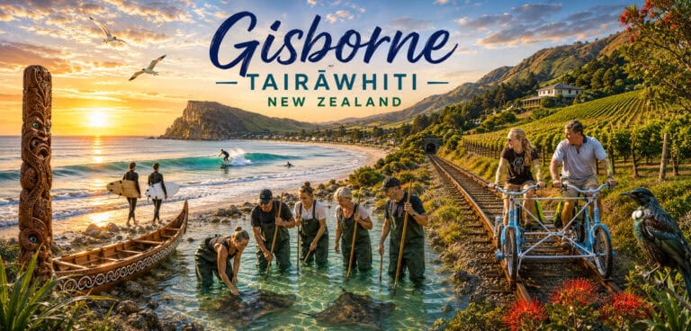 Free-things-to-do-Gisborne-20 | Must Do New Zealand | Must Do New Zealand Gisborne, New Zealand tourism image: sunset beach with surfers, a carved Maori totem, vineyard hills, and people on a blue quad-bike near train tracks.