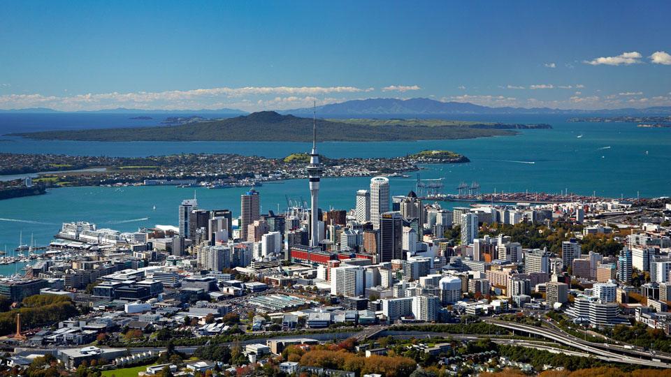 aerial view over the city of auckland towards Rangitoto Island