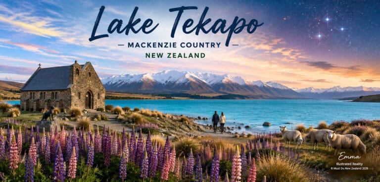 Stone church beside a turquoise lake with purple lupines, snow-capped mountains, and a couple walking along the shore at Lake Tekapo, New Zealand.