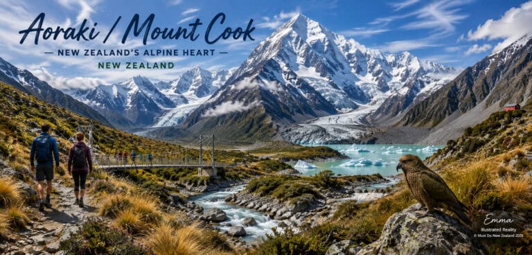 Free-things-to-do-in-Mount-Cook-30 | Must Do New Zealand | Must Do New Zealand Hikers walk along a rocky trail toward a suspension bridge, with snow?capped mountains and a turquoise glacial lake in the distance. A large bird perches on a rock in the foreground.