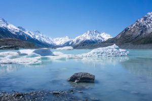 small icebergs can be seen on the Tasman lake glacier walk at Mount Cook
