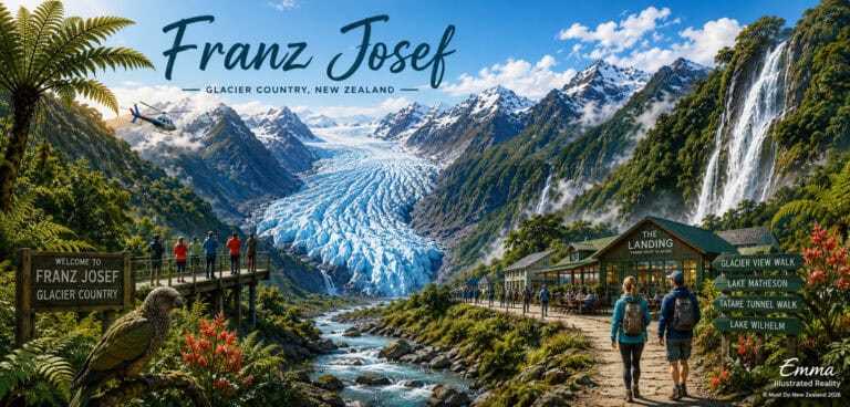 Free-things-to-do-in-Franz-Josef-30 | Must Do New Zealand | Must Do New Zealand Franz Josef Glacier in New Zealand viewed from a boardwalk with visitors and signposts in a lush valley.