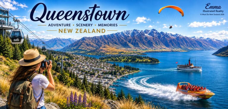 Free-things-to-do-in Queenstown-30 | Must Do New Zealand | Must Do New Zealand Photographer in a hat taking a photo of Queenstown’s lake and snowy mountains with a gondola in the foreground.