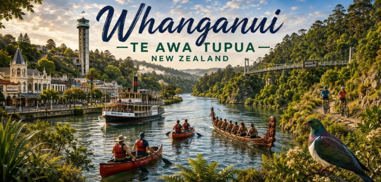 Whanganui River scene in New Zealand with a paddle steamer, canoes, a dragon-boat, cyclists on the riverside trail, and a bridge in the background.