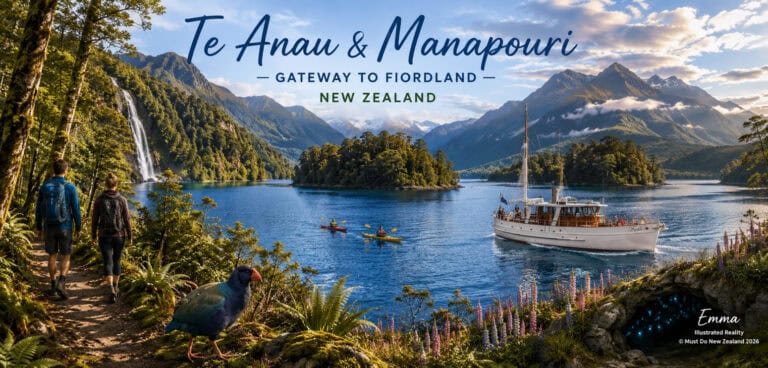 Free-things-to-do-in-Te-Anau-30 | Must Do New Zealand | Must Do New Zealand Travel banner for Te Anau & Manapouri, gateway to Fiordland, NZ; hikers on a lakeside trail with boats and mountains nearby.