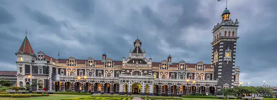 Dunedin Railway Station at dusk
