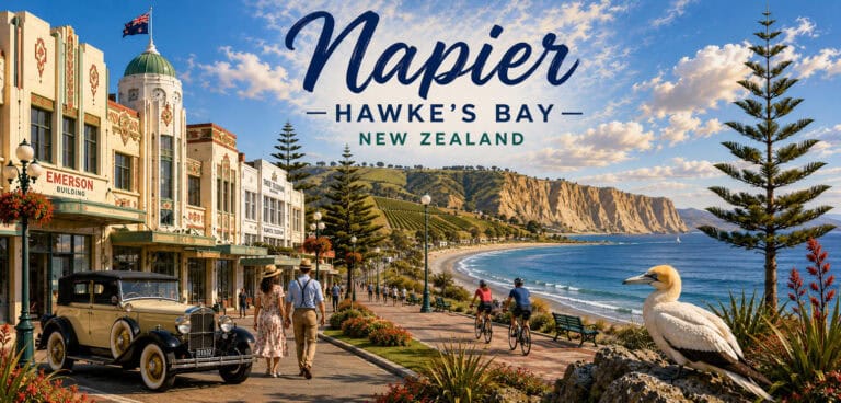 Free-things-to-do-Napier-25 | Must Do New Zealand | Must Do New Zealand Napier Hawke’s Bay tourism banner: sunny seaside promenade with art deco storefronts, vintage cars, pedestrians, and cliffed coastline in the distance.