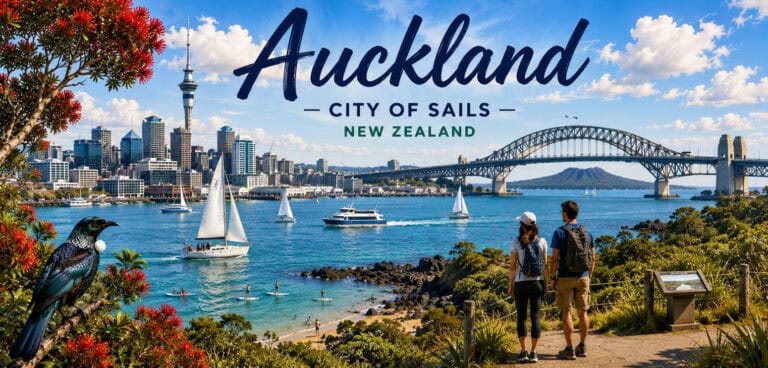 Free-things-to-do-Auckland-26 | Must Do New Zealand | Must Do New Zealand Couple with backpacks overlook Auckland Harbour, with sailboats, skyline, and the Harbour Bridge on a sunny day.