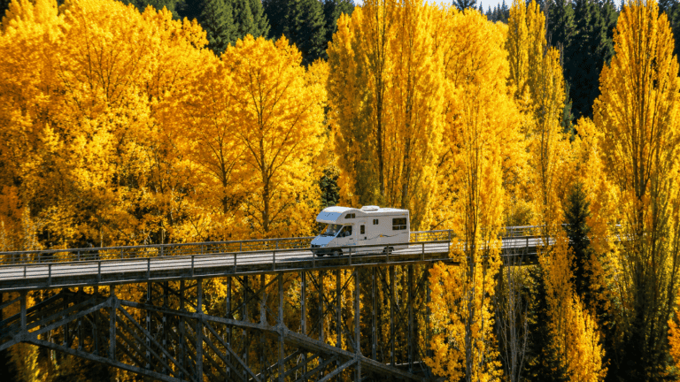 White motorhome crosses a metal trestle bridge surrounded by vibrant yellow autumn trees.