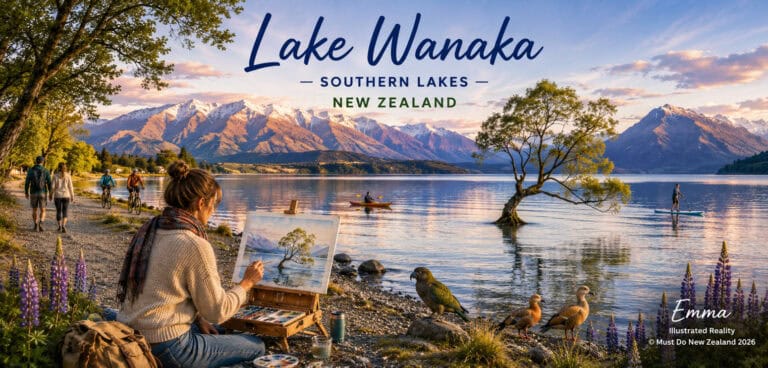 Painter on a lakeside at Lake Wanaka, painting the scene as mountains, a tree in the water, and volunteers walk and kayak nearby; overlaid text reads 'Lake Wanaka — Southern Lakes — New Zealand'.