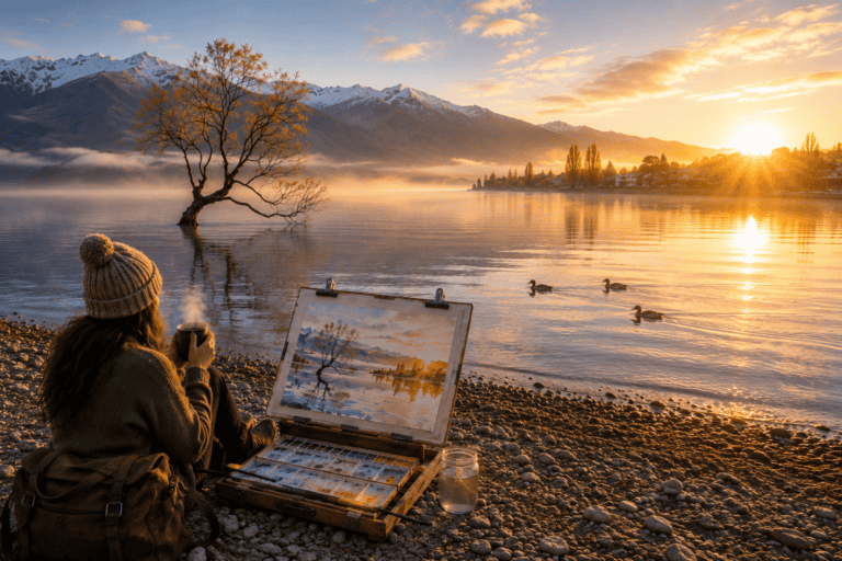 Artist sitting on a rocky shore at sunrise, painting a tree and mountains while sipping coffee from a mug beside a watercolor kit.