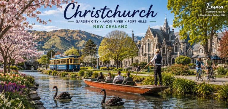 Christchurch, New Zealand: river tour boat on the Avon River with the cathedral and a yellow tram in the background.