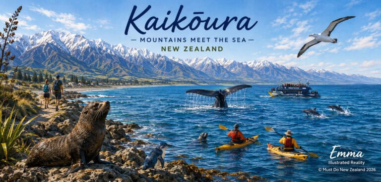 Kaik?ura coast: snow-capped mountains meet the sea with hikers on a rocky shore, sea lions, kayakers, and a whale-watching boat.