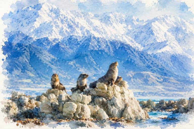 Seals perched on a rocky outcrop by the sea with snow-covered mountains in the background, watercolor scene