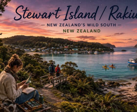 Sunset over Stewart Island harbor with boats, two hikers on a wooden ramp, and a woman sketching among lush bushes in the foreground.