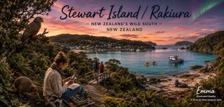 Free-things-to-do-on-Stewart-island-30 | Must Do New Zealand | Must Do New Zealand Sunset over Stewart Island harbor with boats, two hikers on a wooden ramp, and a woman sketching among lush bushes in the foreground.