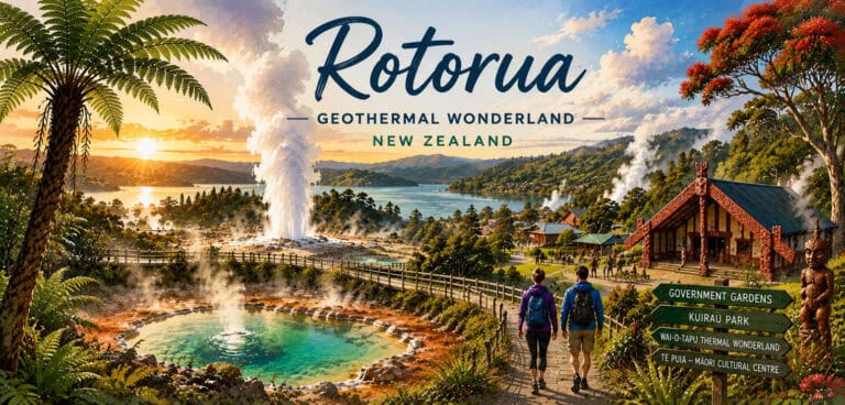 Free-things-to-do-rotorua-25 | Must Do New Zealand | Must Do New Zealand Two hikers walk along a wooden path toward a Maori-style lodge in Rotorua's geothermal gardens, with steaming pools and a geyser in the foreground.