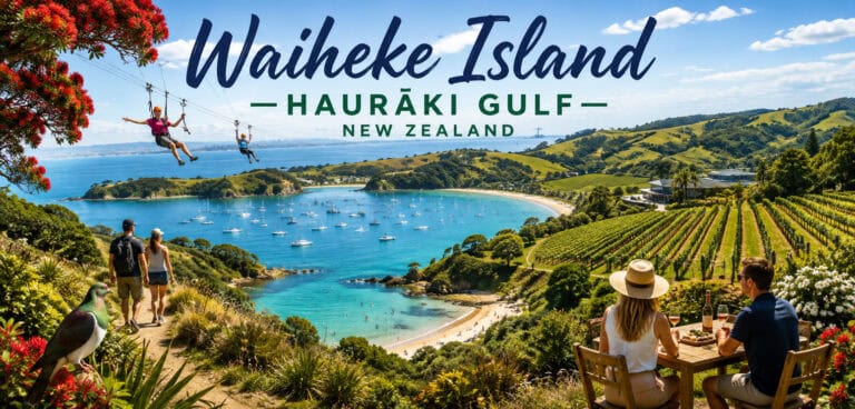 Free-things-to-do-waiheke Island -22 | Must Do New Zealand | Must Do New Zealand Panoramic Waiheke Island scene: people ziplining above a turquoise bay, a couple dining outdoors with vineyards and sailboats in the background.