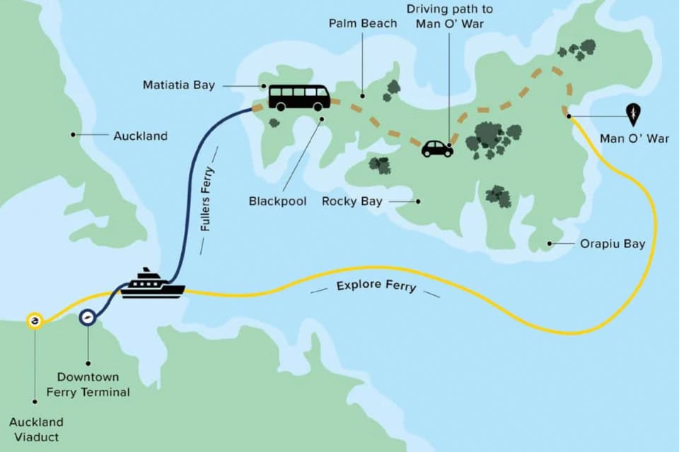 map of ferry routes from Auckland to Waiheke Island and Man o' War bay
