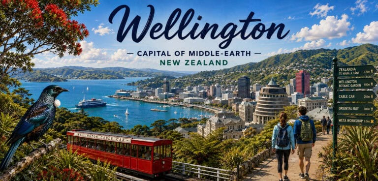 Wide view of Wellington harbor and city with a red cable car on a hillside, two hikers strolling on a sunny day under a blue sky.