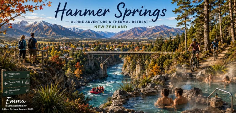 Free-things-to-do-in-Hanmer-Springs-30 | Must Do New Zealand | Must Do New Zealand Promotional banner for Hamner Springs Alpine Adventure & Thermal Retreat, NZ, featuring river gorge, bridge, fall foliage, hikers, cyclists, and a hot pool with people.