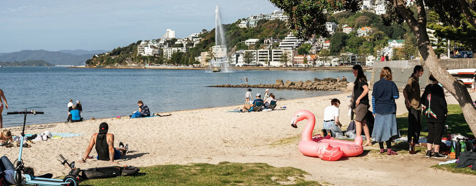 people on beach at Oriental Bay Wellington