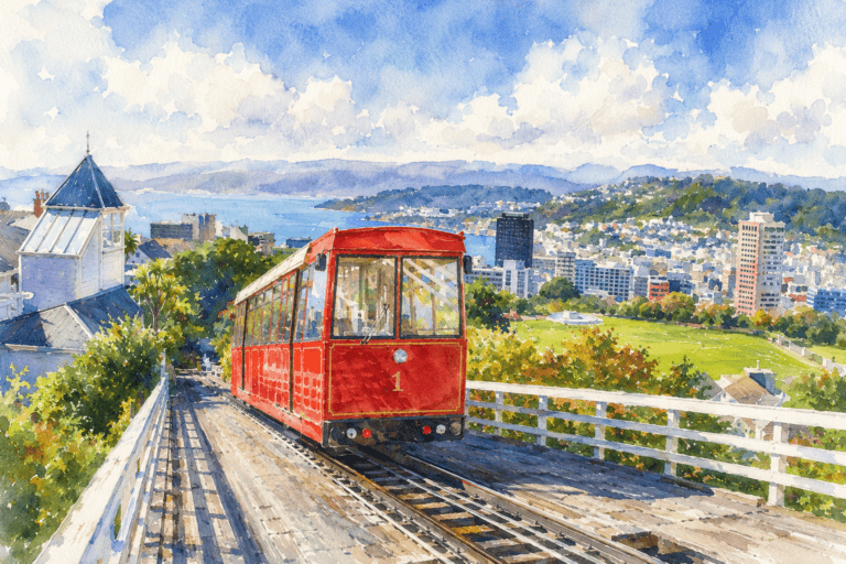Watercolour illustration of the Wellington Cable Car in Wellington, New Zealand.
