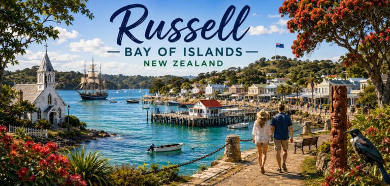 Couple walks along a stone harbor path in Russell, New Zealand, with turquoise water, boats, and a white church nearby.