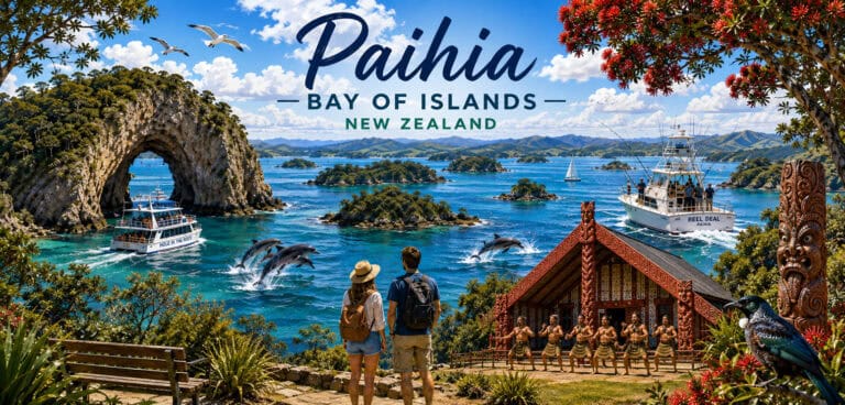Free-things-to-do-paihia-25 | Must Do New Zealand | Must Do New Zealand Couple with backpacks gazing over Paihia Bay of Islands, with dolphins jumping, boats cruising, and a carved M?ori stage nearby.
