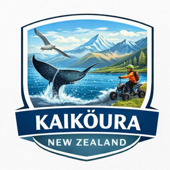 Kaik?ura, New Zealand logo featuring a breaching whale, mountains, a seabird, and an ATV rider over a blue ribbon with the text 'KAIK?URA NEW ZEALAND'