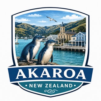 Akaroa New Zealand logo featuring penguins by a harbor with hills, a church, and seaside buildings, enclosed in a shield-shaped frame.