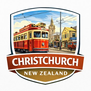 Badge logo for Christchurch, New Zealand featuring a red tram and a street scene with a church tower; includes the text CHRISTCHURCH NEW ZEALAND.