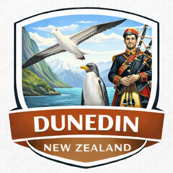Dunedin, New Zealand badge with a seagull and penguin beside a man in traditional attire, banner reads 'DUNEDIN' and 'NEW ZEALAND'.