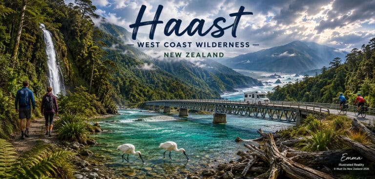 Banner text 'Haast West Coast Wilderness New Zealand' over a scenic river valley with hikers, a bridge, and distant mountains in New Zealand.