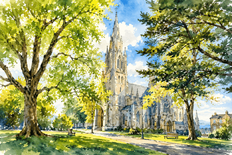 Watercolor scene of a Gothic church with a tall spire, set in a sunlit park framed by green trees and benches